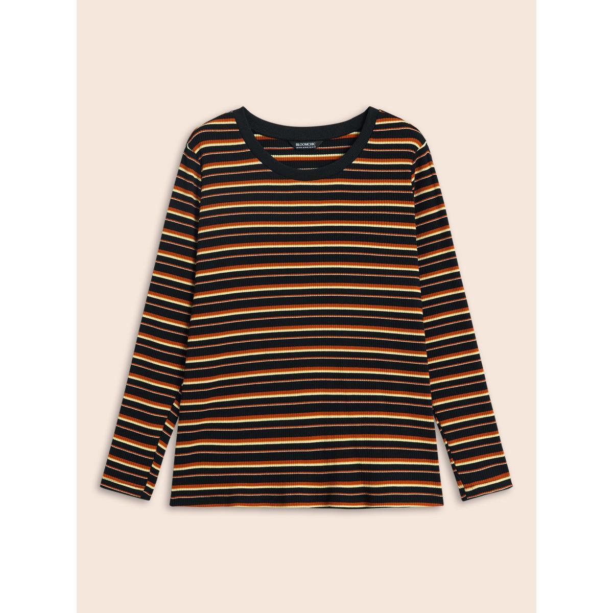 Plus Size Striped Knit Crew Neck T-shirt Black Women Casual Texture V-neck Bodycon Everyday T-shirts BloomChic 18-20/2X Product Image