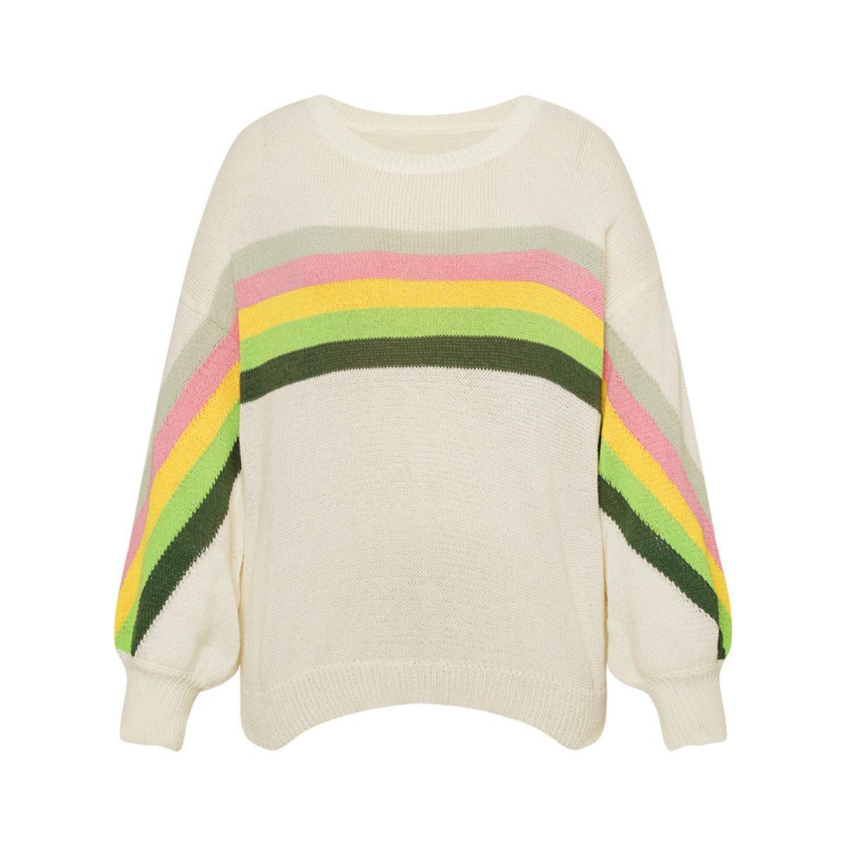 Plus Size Rainbow Lantern Sleeve Drop Shoulder Elastic Cuffs Pullover Beige Women Casual Loose Long Sleeve Round Neck Dailywear Pullovers BloomChic 18-20/2X Product Image