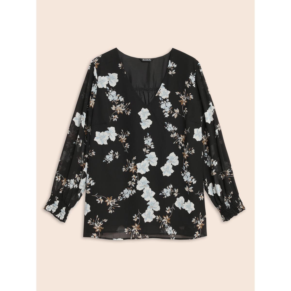 Plus Size Black Floral Chiffon Shirred Lantern Sleeve Blouse Women Elegant Long Sleeve V-neck Everyday Blouses BloomChic 28/5X Product Image
