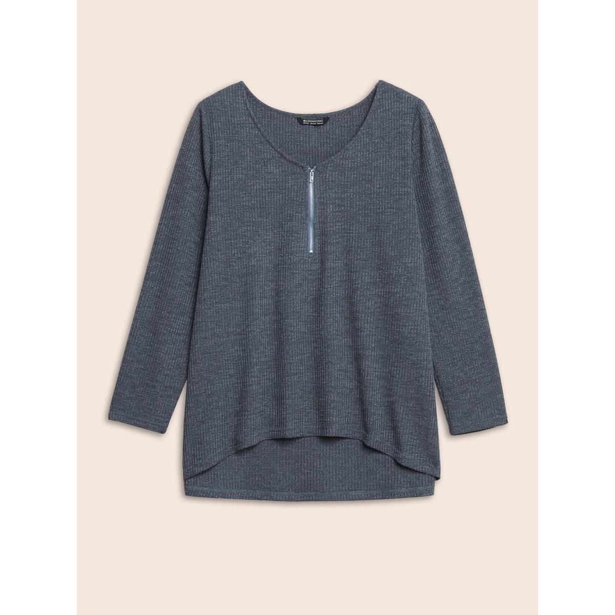Plus Size Rib Knit Half Zip High Low Hem T-shirt Navy Women Casual Texture V-neck Everyday T-shirts BloomChic 18-20/2X Product Image