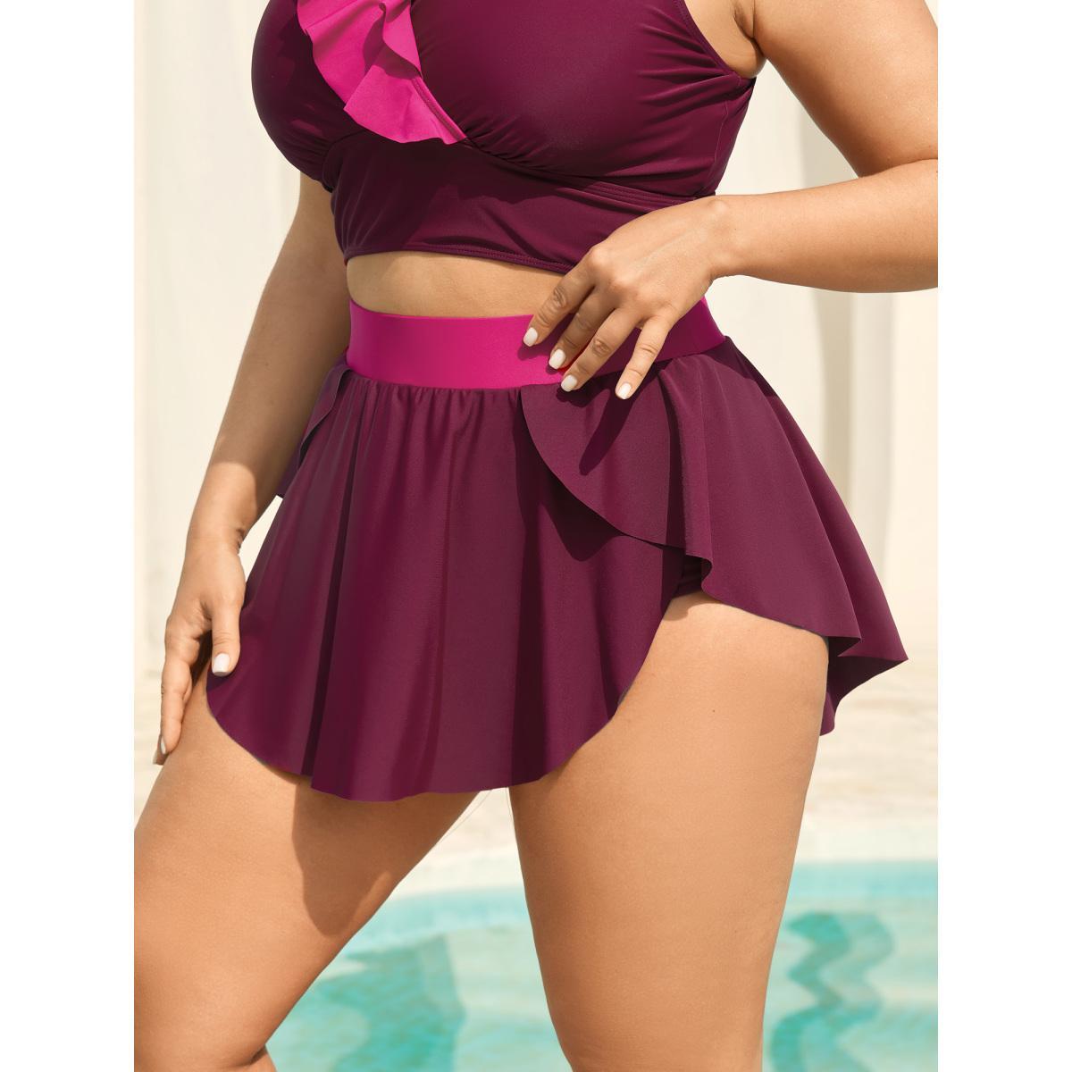 Plus Size Color Block Lotus Edge Swim Bottoms Women's Swimwear RedViolet Beach Contrast High stretch Bodycon High Rise Curve Swim Bottoms BloomChic 18-20/2X Product Image