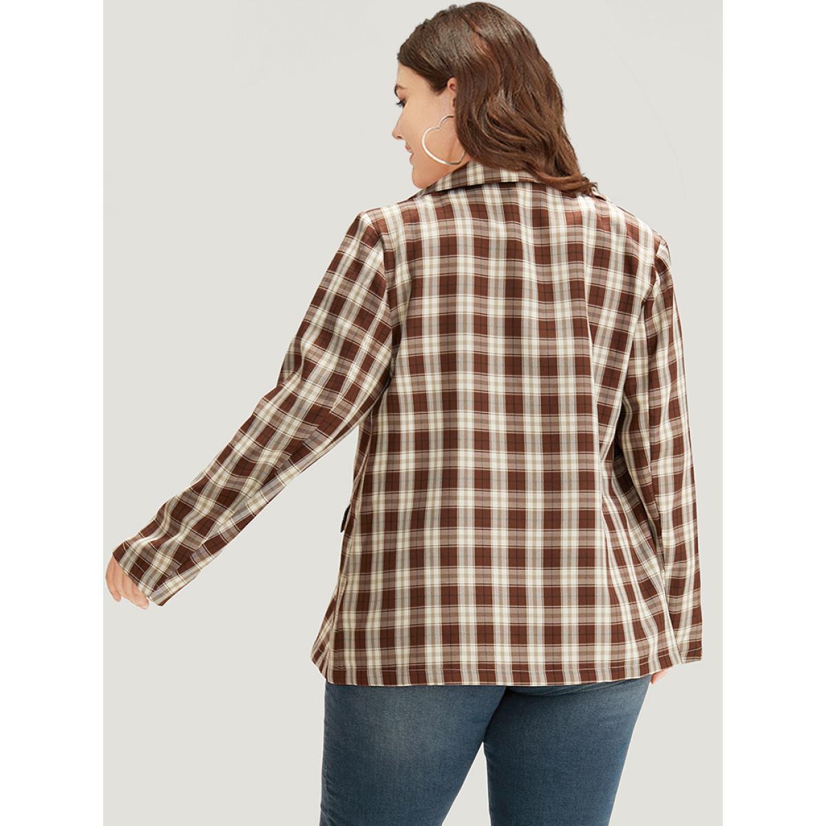 Plus Size Plaid Button Through Flap Pocket Blazer Bronze Women Dailywear Plaid Button Sleeve Long Sleeve Suit Collar 22-24/3X Pocket Casual Blazers BloomChic Product Image