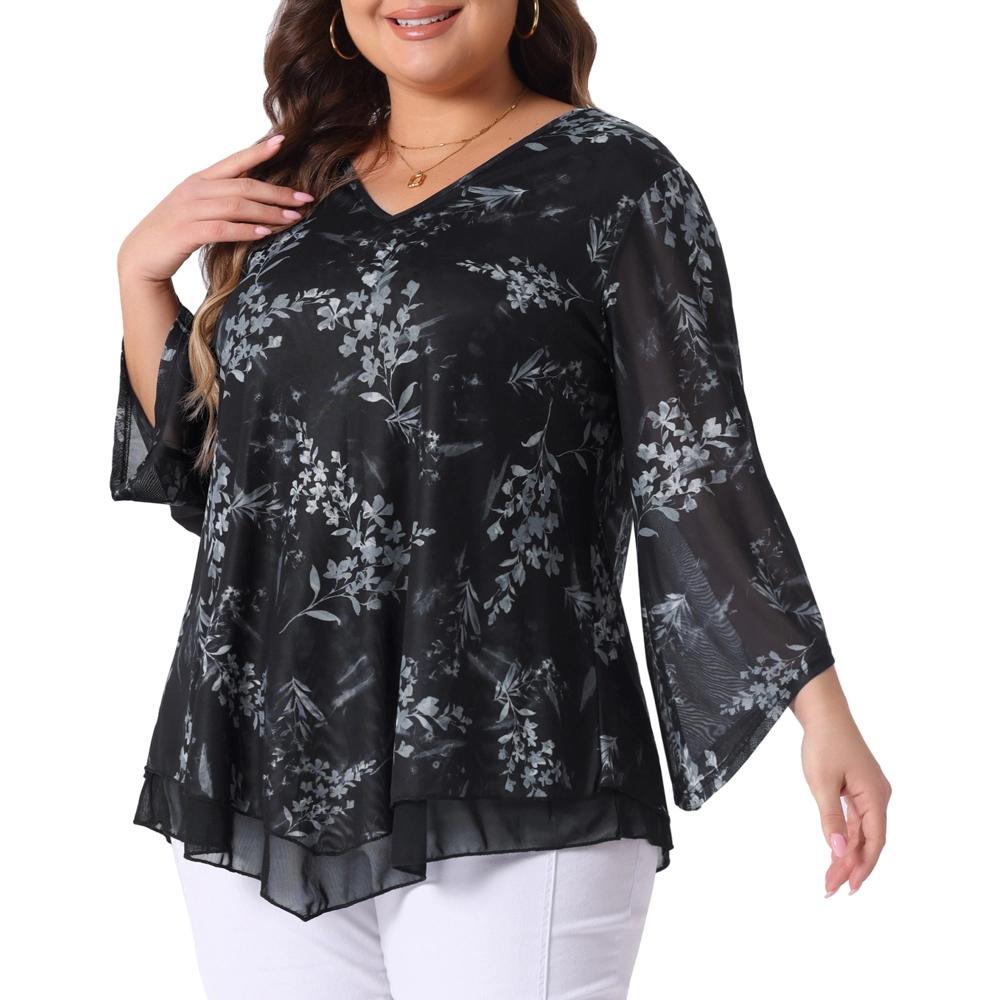 Agnes Orinda Women's Plus Size V Neck 3/4 Flared Sleeve Double Layers Mesh Blouses Product Image