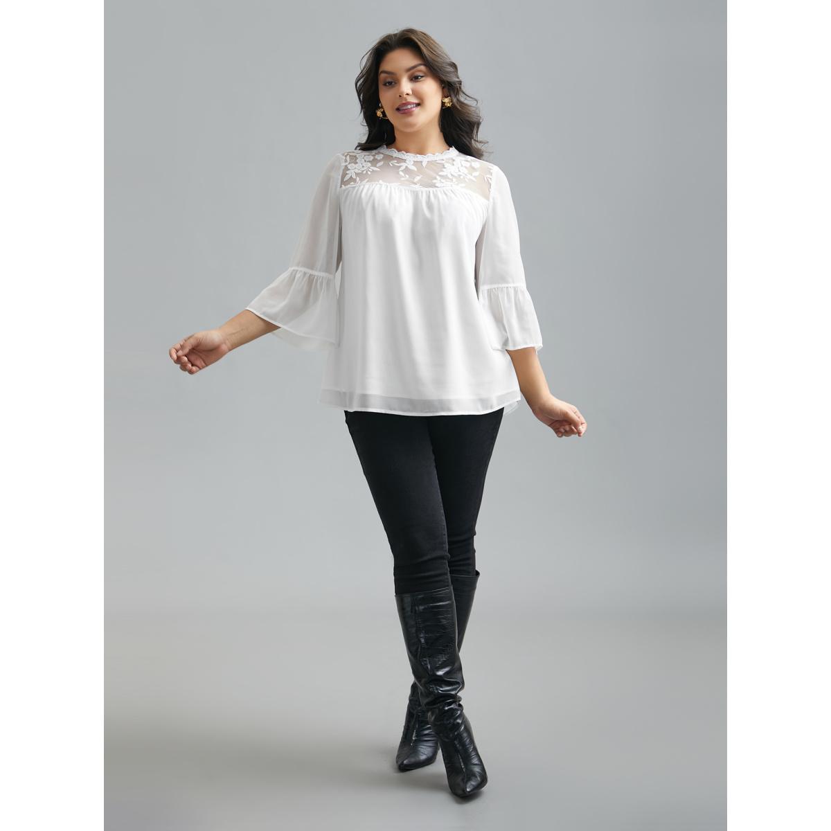 Plus Size Opticwhite Dreamy Lace Neck Flared Sleeve Chiffon Blouse Women Elegant Elbow-length sleeve Stand-up collar Everyday Blouses BloomChic 28/5X Product Image