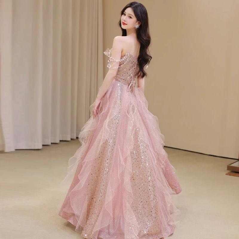 Sequin Bow Ruffle Mesh A-Line Tube Evening Gown Product Image