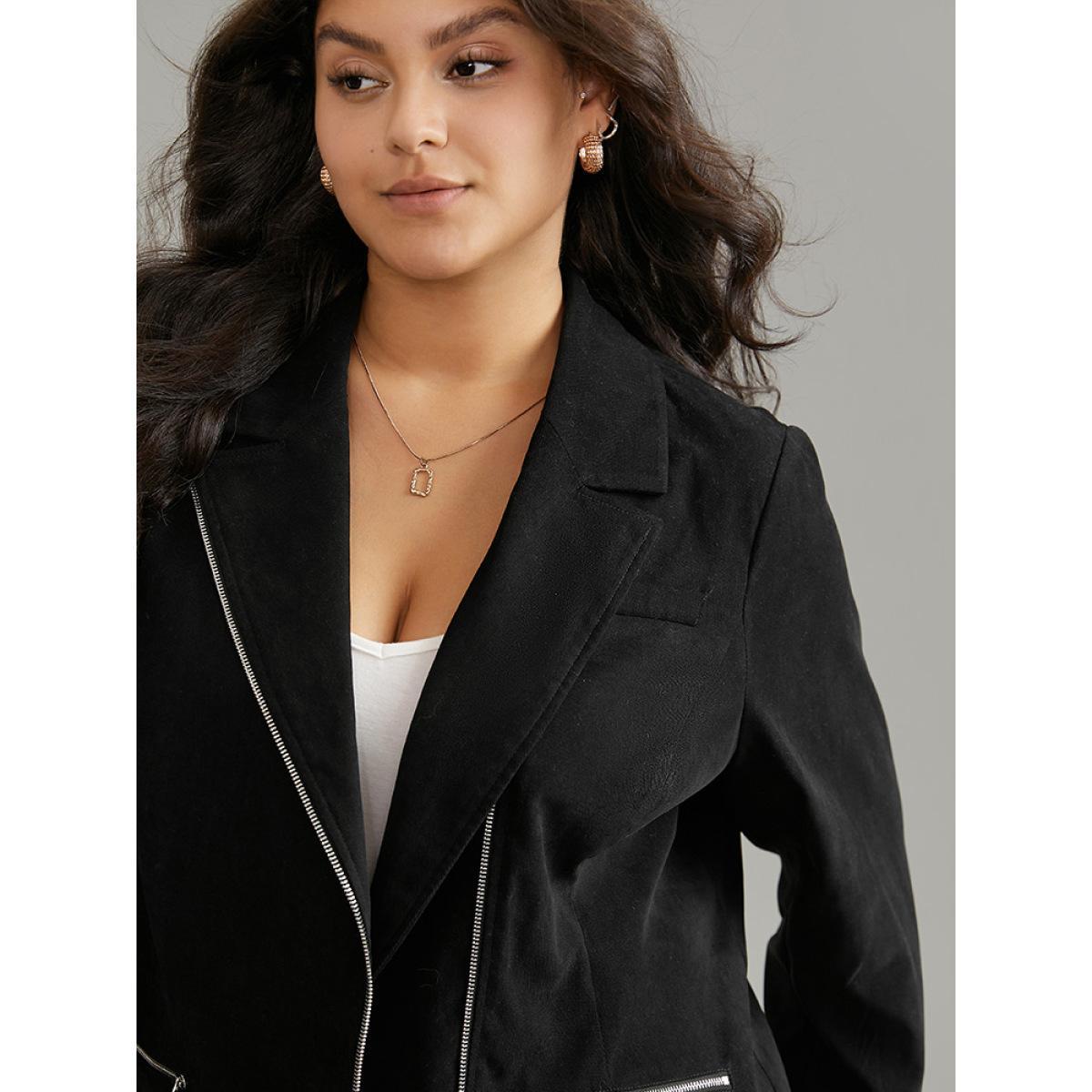 Plus Size Solid Corduroy Zipper Lapel Collar Blazer Black Women Work Plain Lined Sleeve Long Sleeve Lapel Collar 26/4X Pocket At the Office Blazers BloomChic Product Image