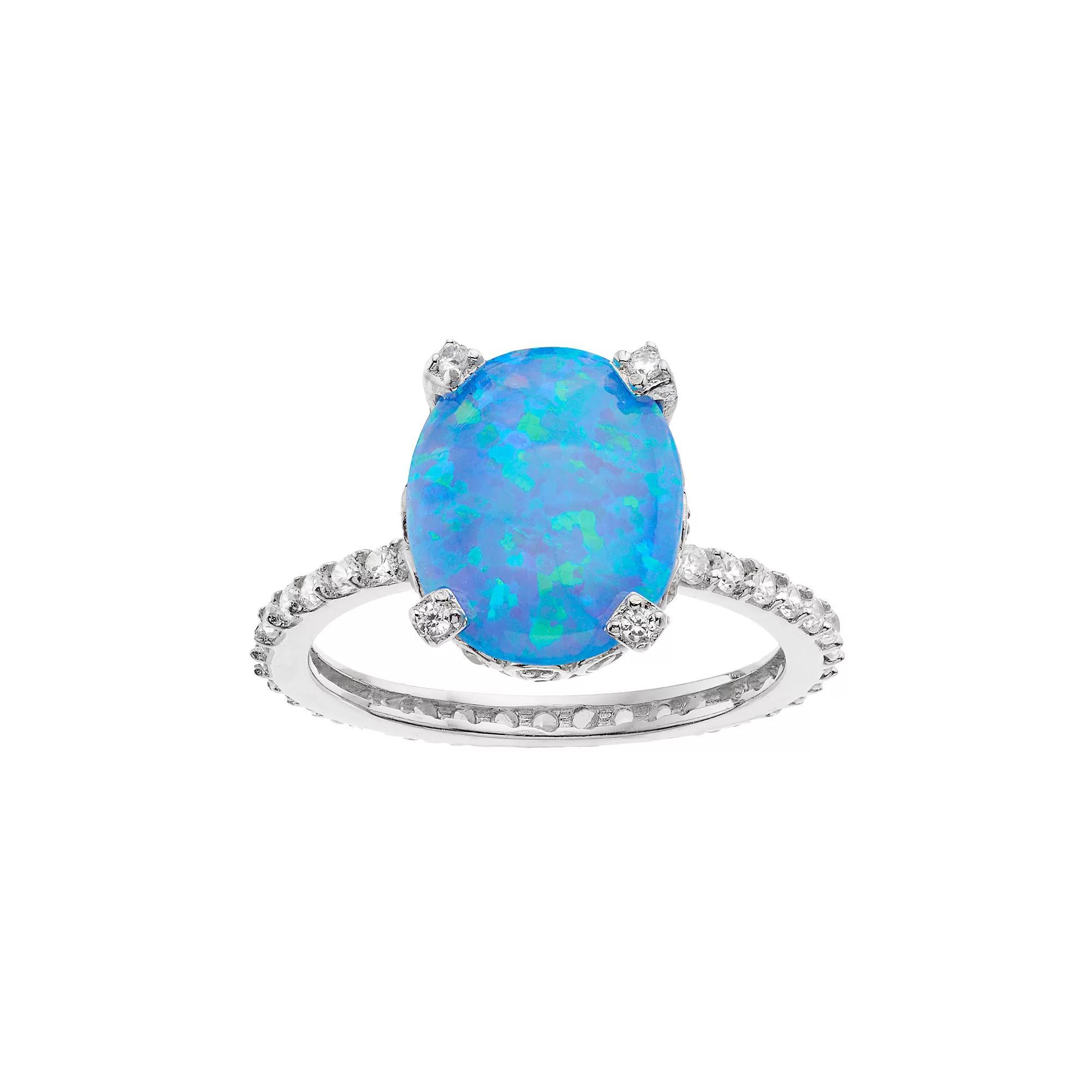 Sophie Miller Sterling Silver Lab-Created Blue Opal & Cubic Zirconia Oval Ring, Womens Product Image