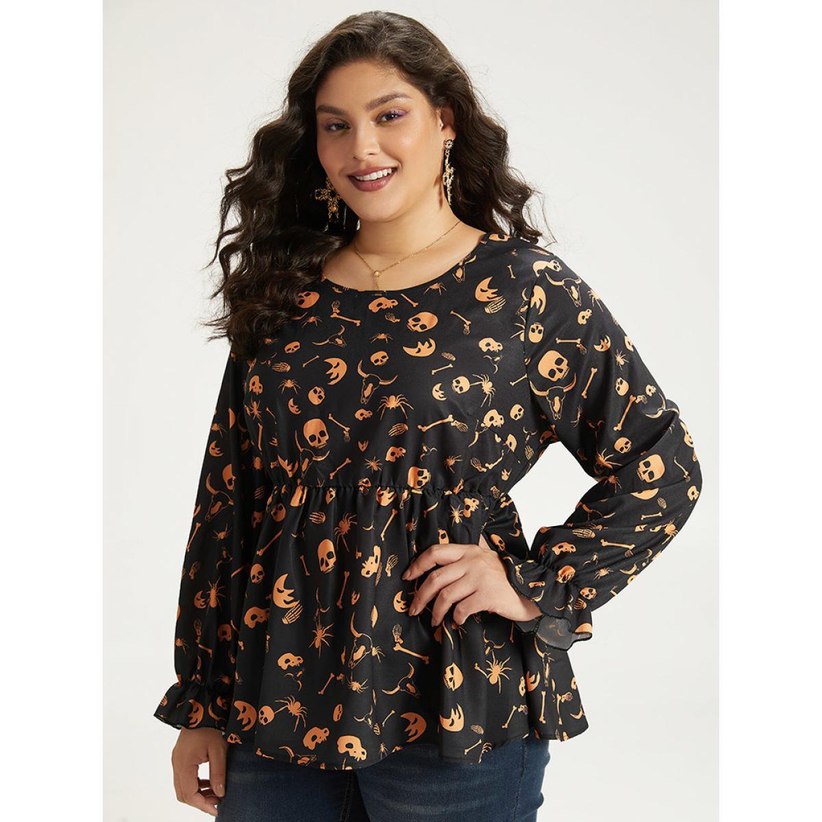 Plus Size Black Halloween Print Elastic Waist Crew Neck Lantern Sleeve Blouse Women Elegant Long Sleeve Round Neck Festival-Halloween Blouses BloomChic 12/L Product Image