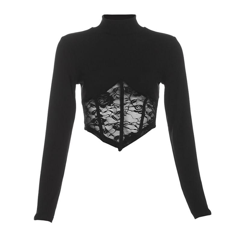 Long-Sleeve Mock Neck Plain Asymmetrical Lace Panel Cropped T-Shirt / Mid Waist Ruched Maxi Fishtail Skirt Product Image