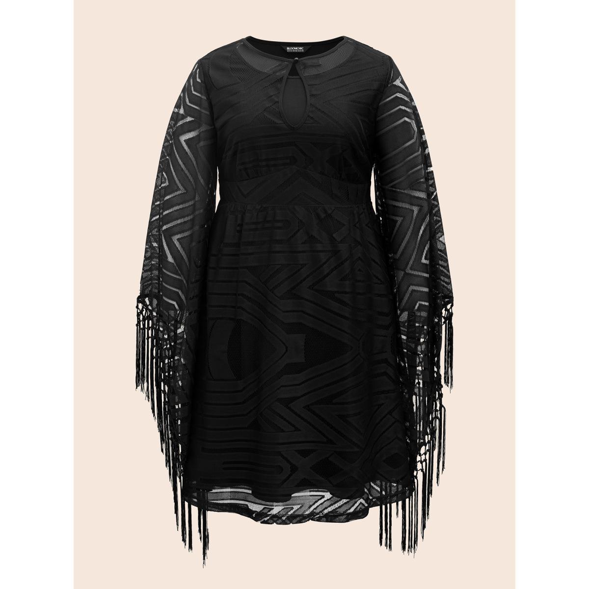 Plus Size Stretch Fabric Bell Sleeves Midi Dress Black Women Cocktail Texture Party Curvy Bloomchic 10/M Product Image