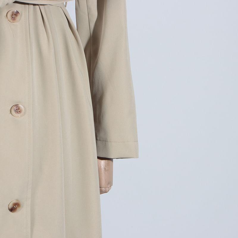 Collared Plain Panel High-Low Button Trench Coat Product Image