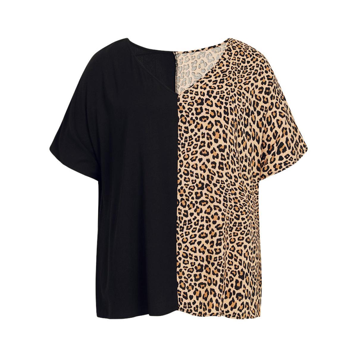 Plus Size Black Leopard Patchwork Dolman Sleeve Blouse Women Elegant Short sleeve V-neck Dailywear Blouses BloomChic 22-24/3X Product Image