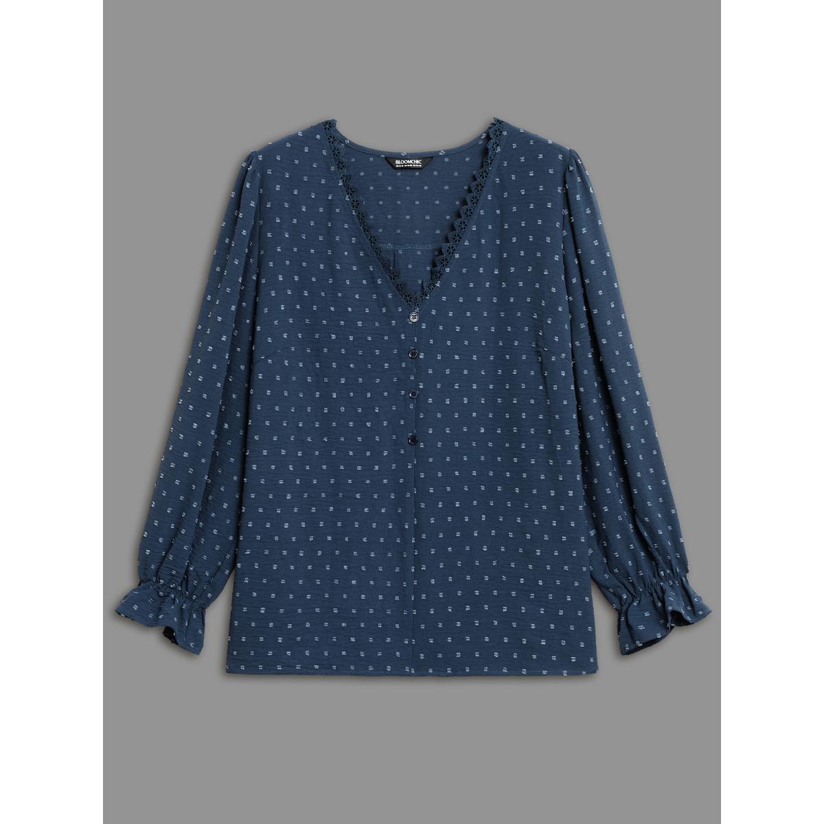 Plus Size Indigo Textured Lace Trim Patchwork Ruffles Blouse Women Elegant Long Sleeve V-neck Everyday Blouses BloomChic 26/4X Product Image