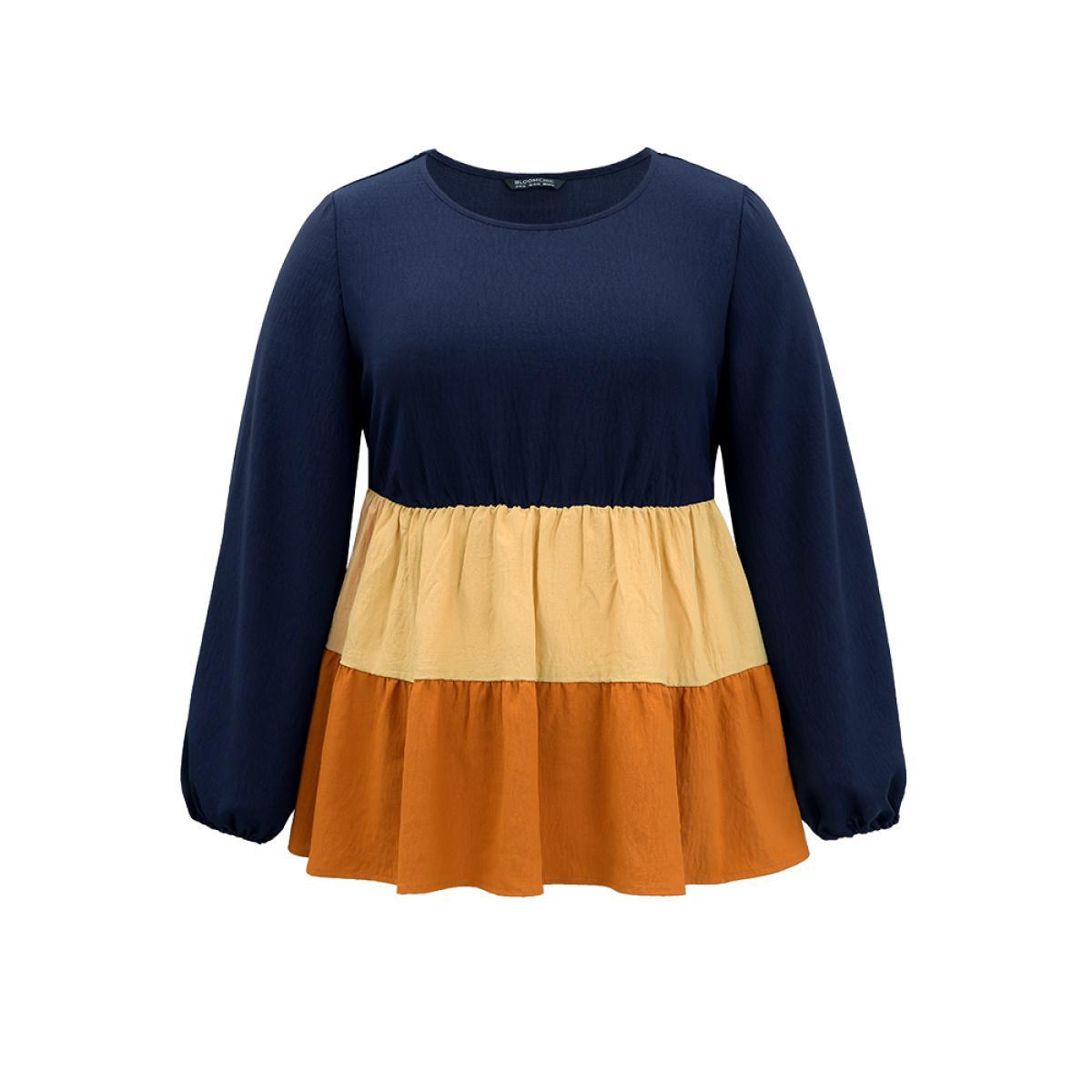 Plus Size Multicolor Colorblock Contrast Gathered Ruffle Layered Hem Blouse Women Elegant Long Sleeve Round Neck Dailywear Blouses BloomChic 22-24/3X Product Image