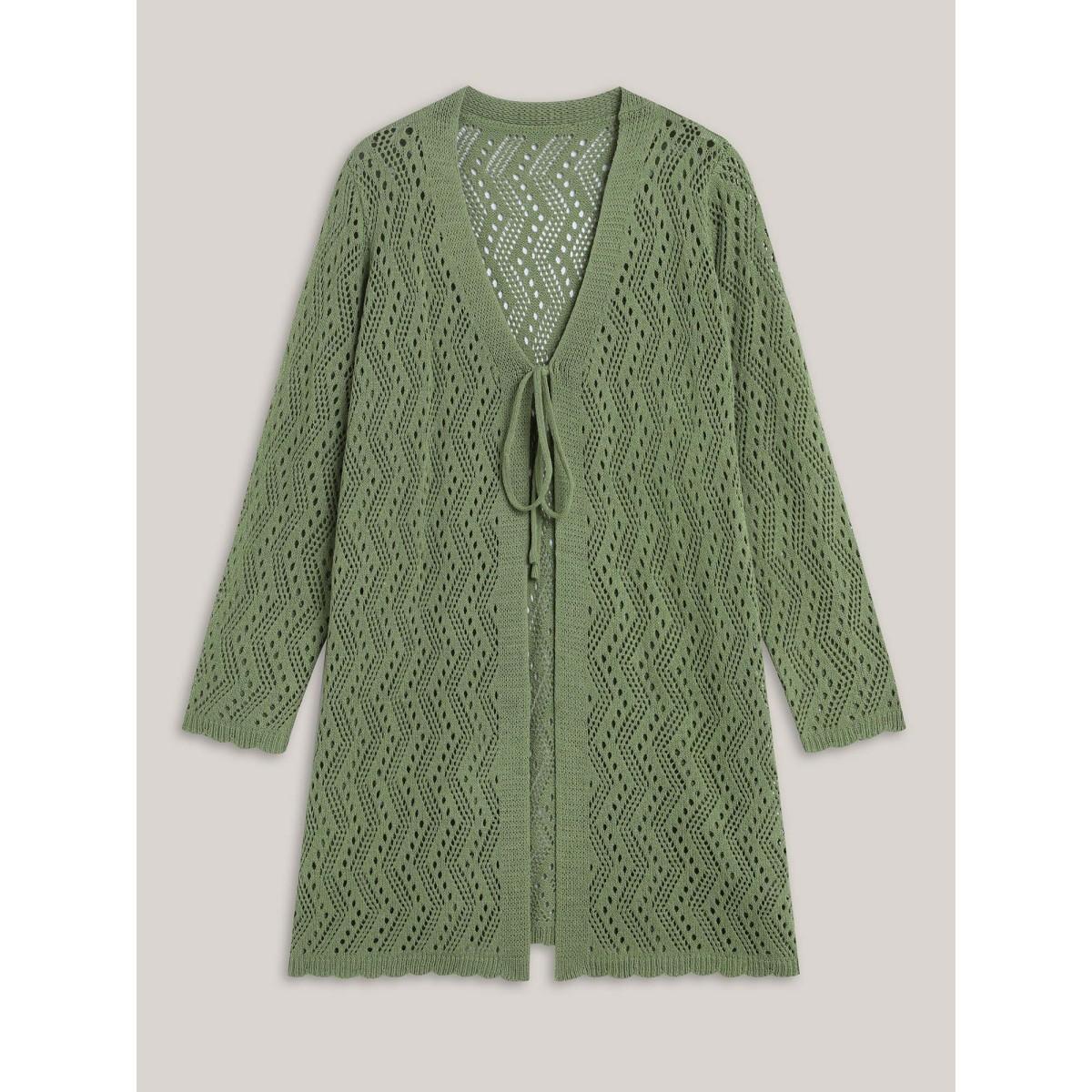 Plus Size Eyelet Trim Front Mid Tie Knit Cardigan Moss Women Casual Loose Long Sleeve Everyday-Casual Cardigans BloomChic 10/M Product Image