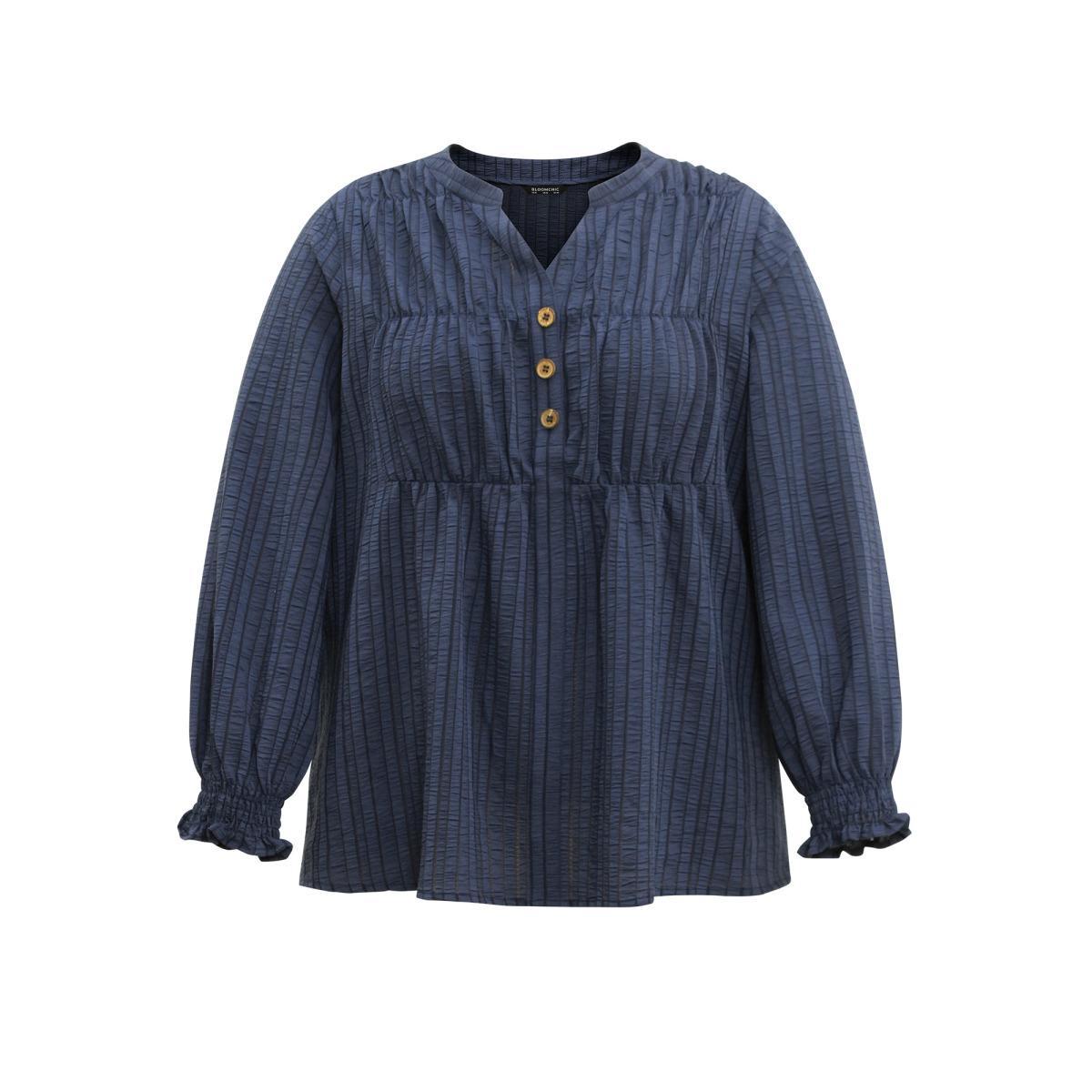 Plus Size Indigo Plisse Gathered Shirred Cuffs Button Through Blouse Women Office Long Sleeve Notched collar Work Blouses BloomChic 12/L Product Image