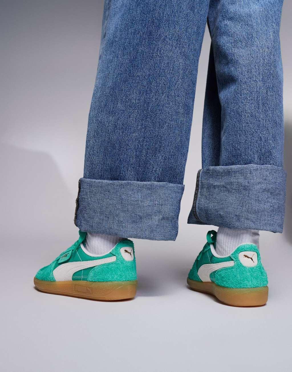 PUMA Vintage Palermo sneakers with gum sole in green and white Product Image