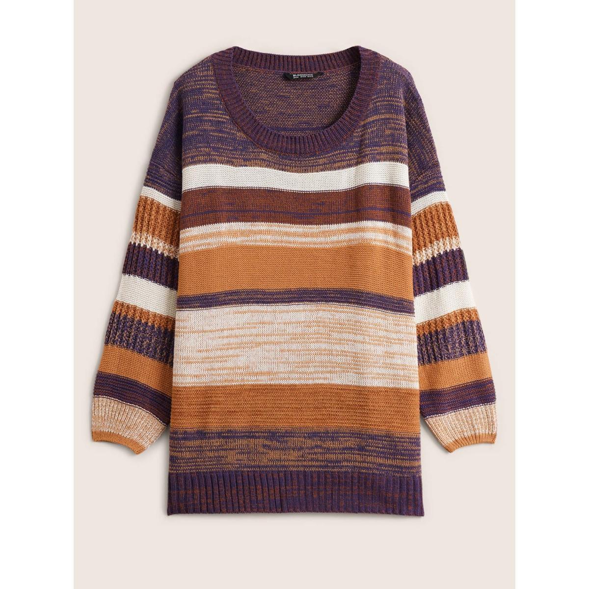 Plus Size Colorblock Heather Drop Shoulder Loose Pullover Multicolor Women Casual Loose Long Sleeve Round Neck Dailywear Pullovers BloomChic 18-20/2X Product Image