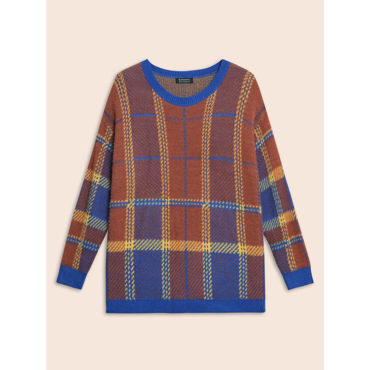 Plus Size Plaid Texture Crew Neck Pullover Navy Women Casual Long Sleeve Round Neck Everyday Pullovers BloomChic 14-16/1X Product Image