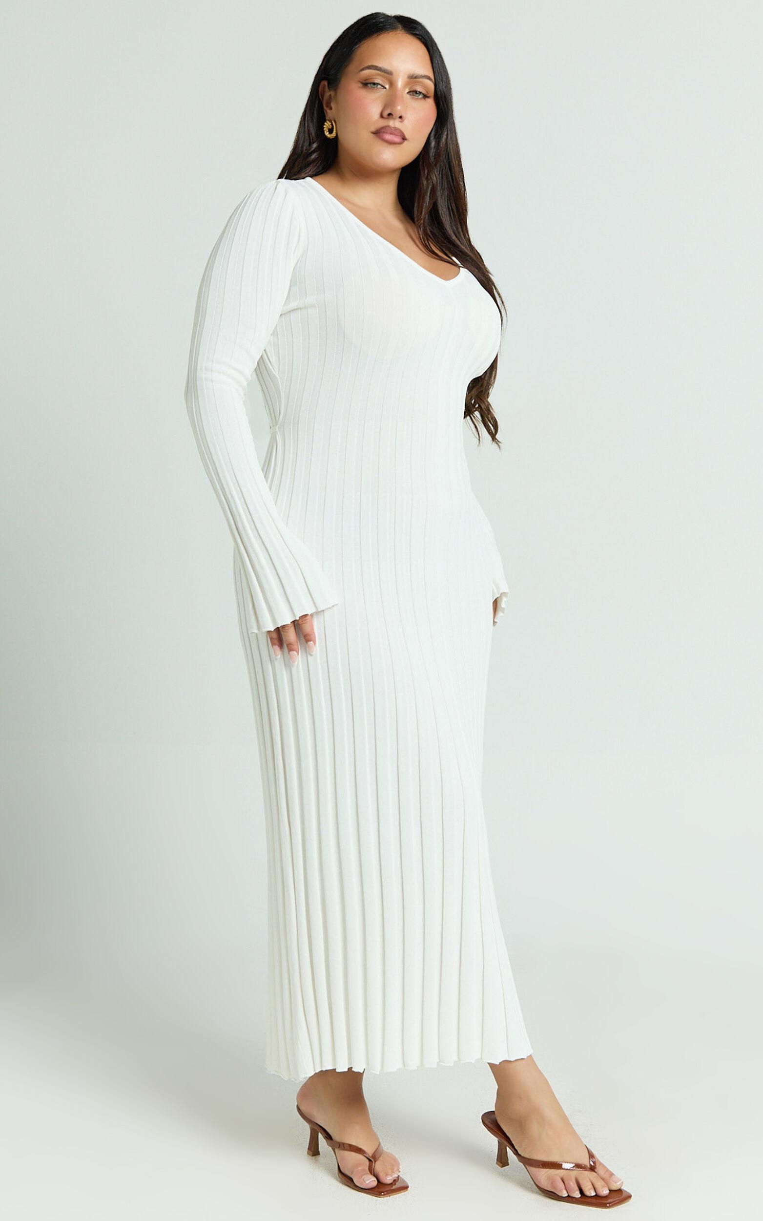 Astra Maxi Dress - V Neck Long Sleeve Knit Dress in White Product Image