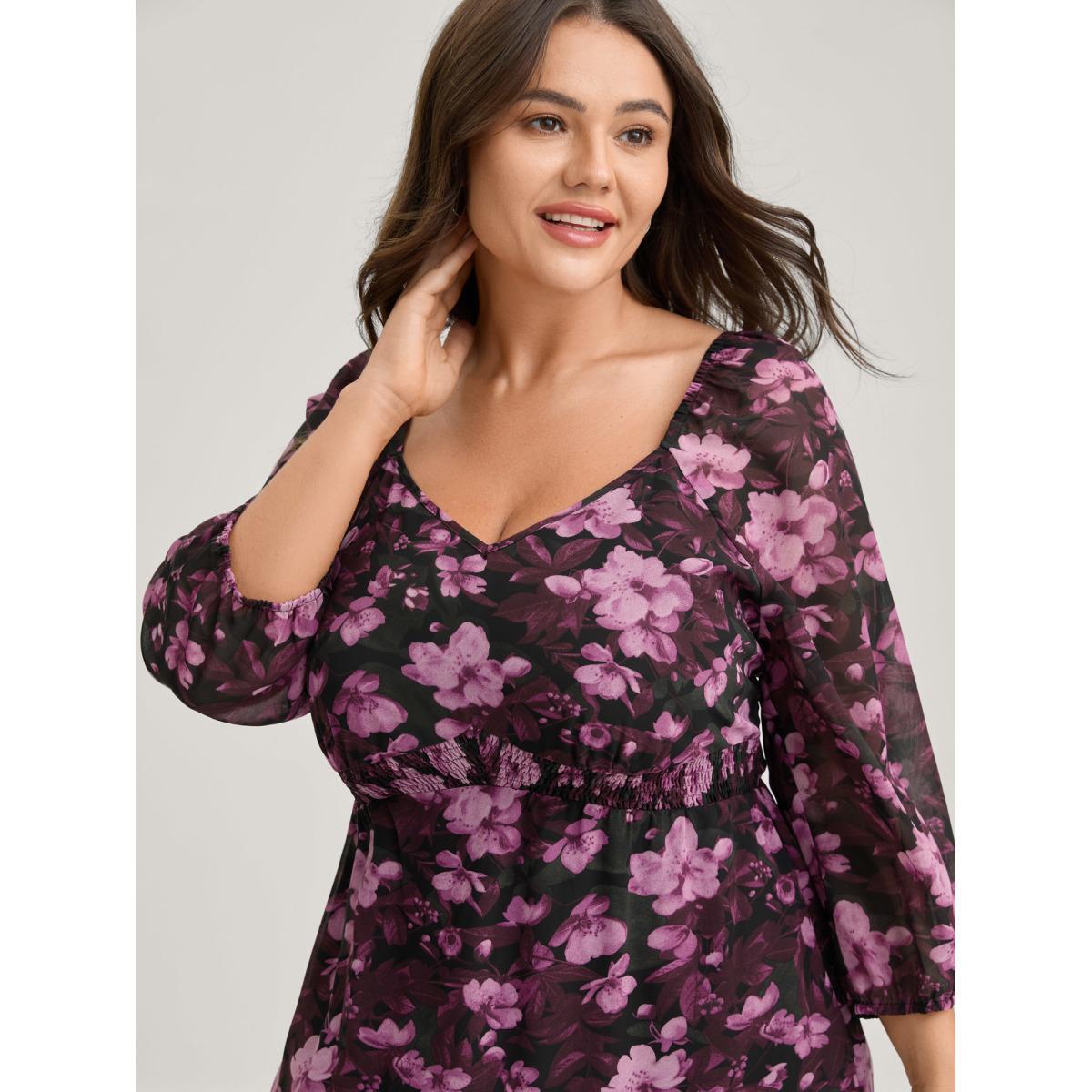 Plus Size Large Floral Print Shirred Waist Midi Dress Deeppurplered Women Shirred Heart neckline Elbow-length sleeve Curvy BloomChic 28/5X Product Image