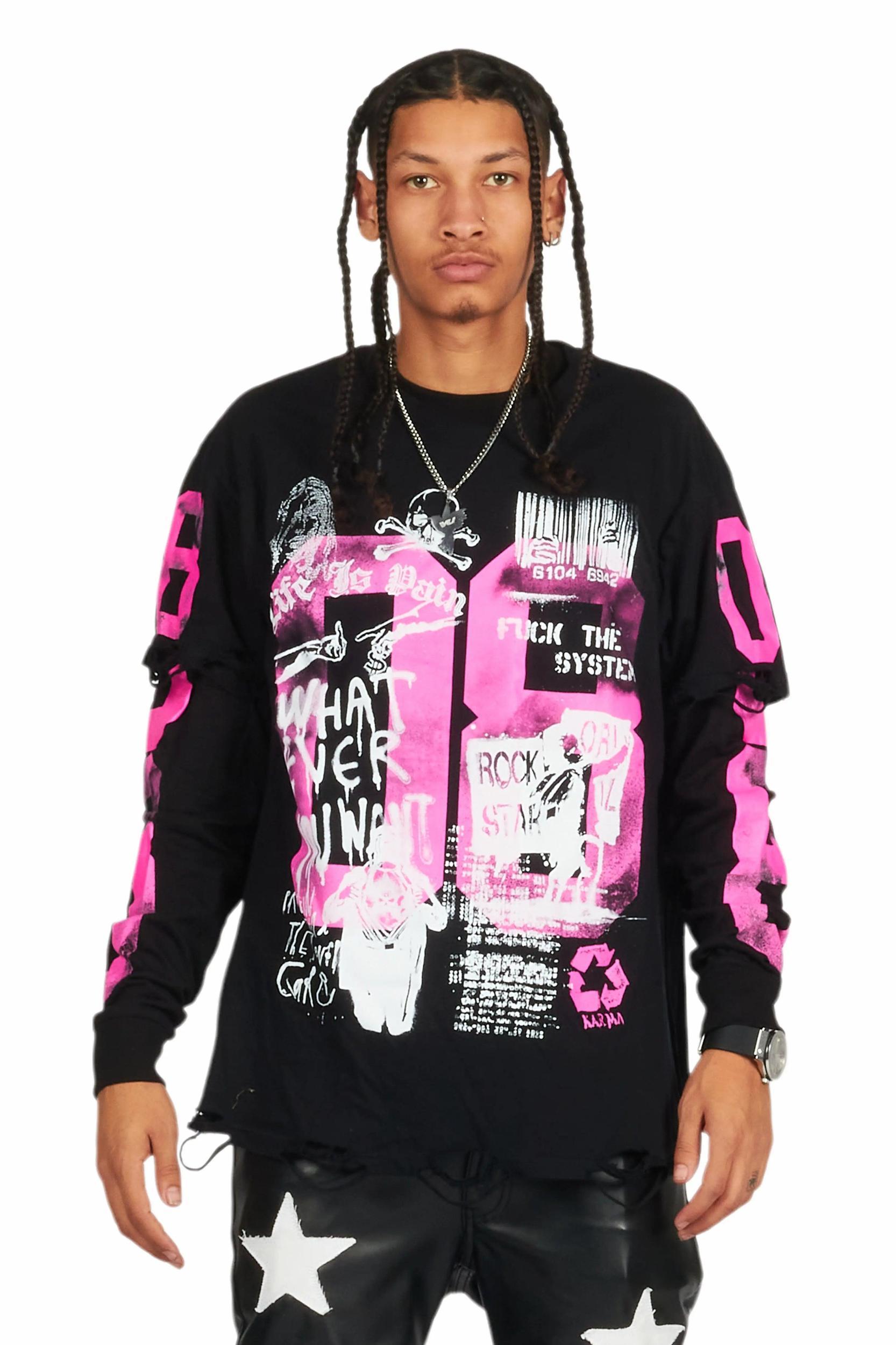 Grill Black/Pink Double Layer Long Sleeve Graphic T-Shirt Male Product Image