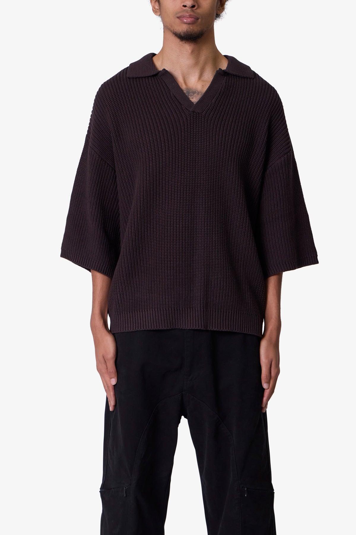 Knitted Ribbed Polo Shirt - Brown Product Image