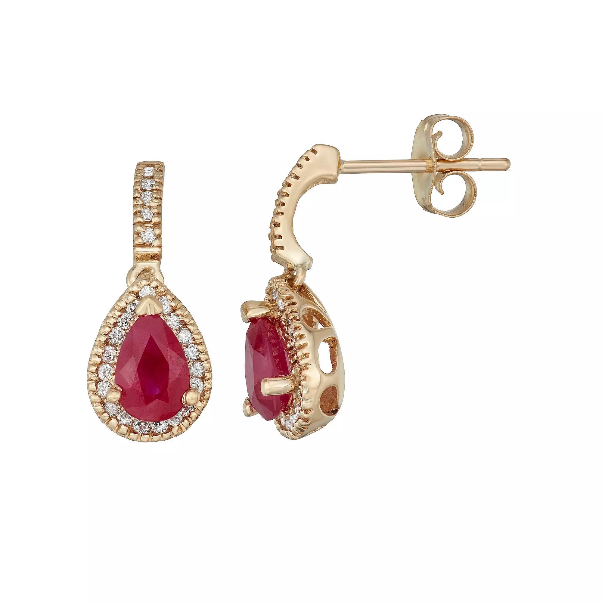 14k Gold Ruby & 1/5 Carat T.W. Certified Diamond Teardrop Earrings, Womens, Yellow Product Image