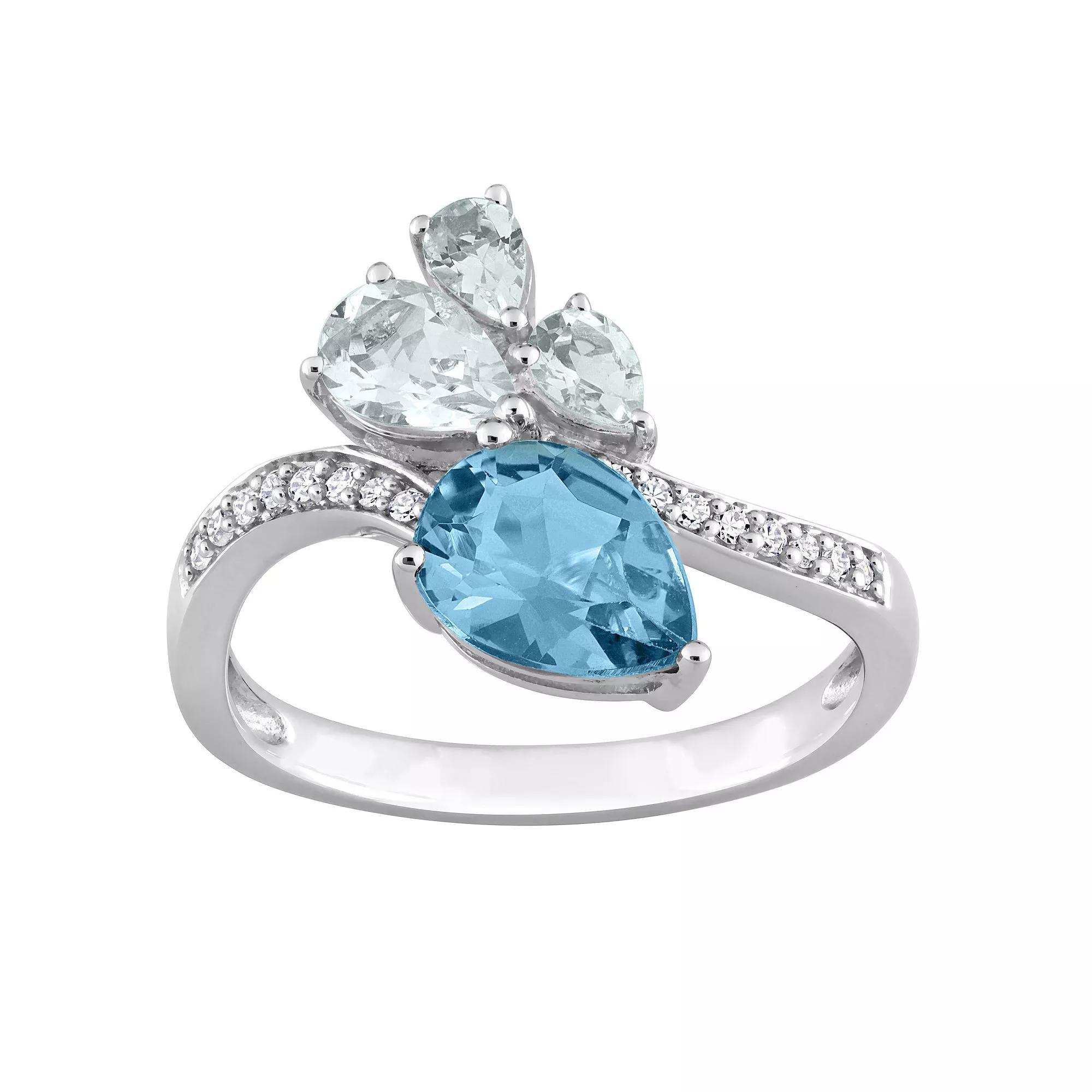 Stella Grace 14k White Gold London Blue Topaz, Aquamarine & 1/10 Carat T.W. Diamond Toi et Moi Ring, Women's, Size: 9.50 Product Image