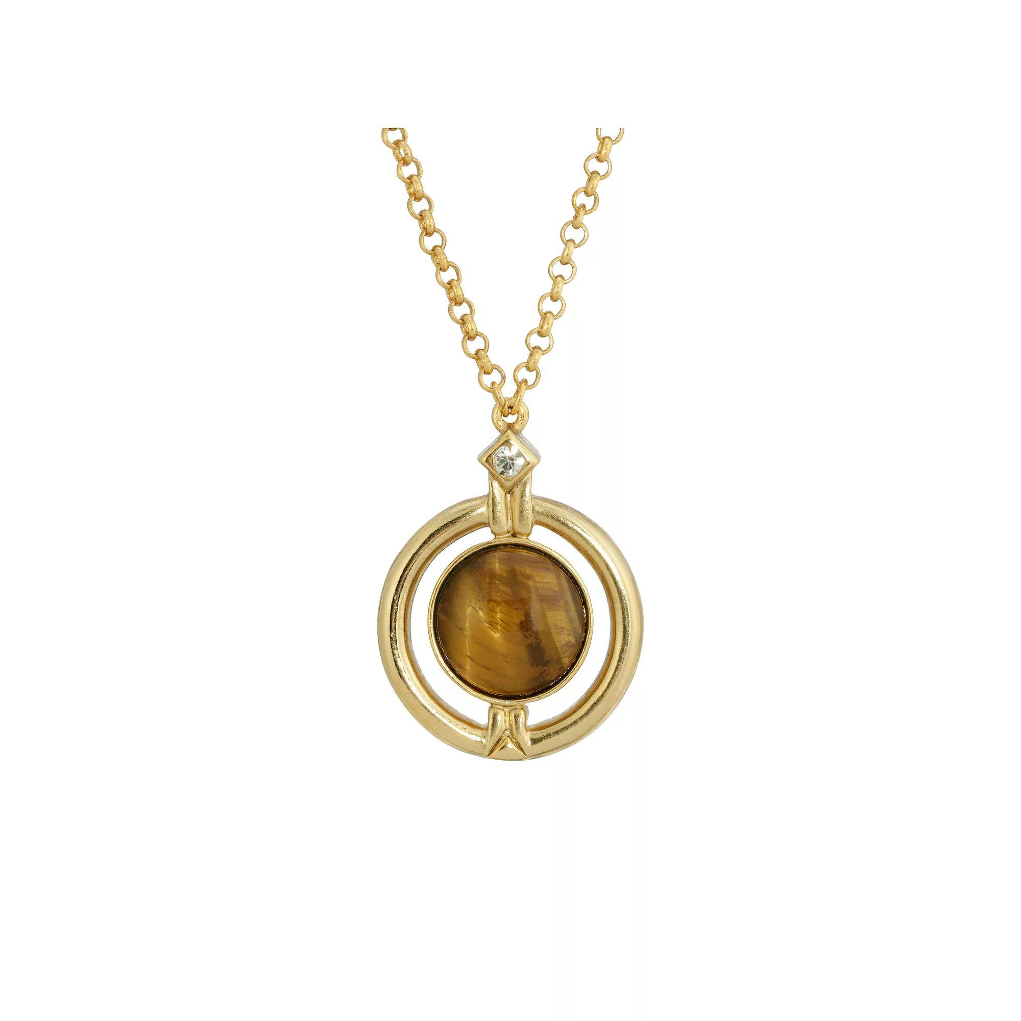 1928 Gold Tone Round Stone Pendant Necklace, Womens Brown Product Image