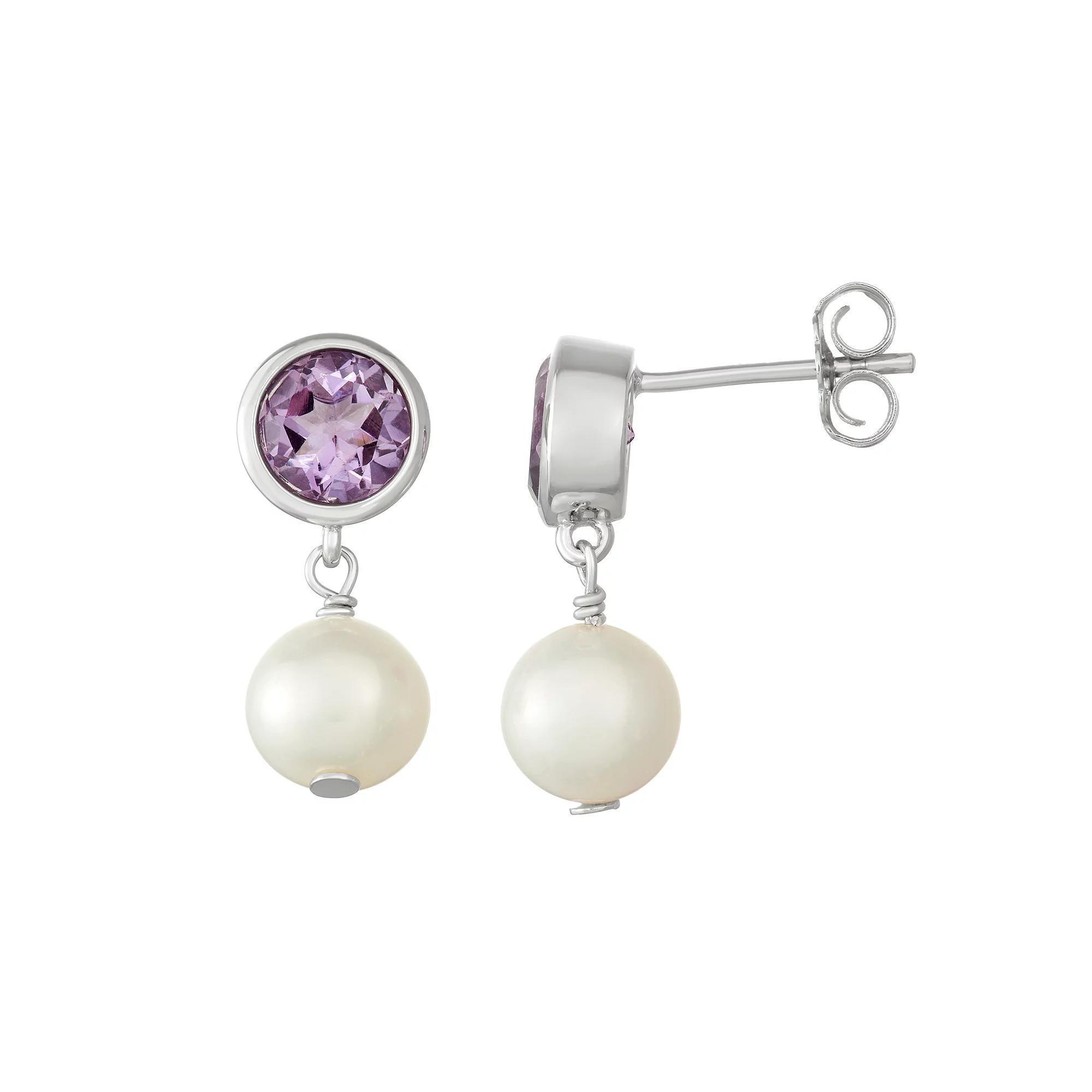 Sterling Silver Amethyst & Freshwater Cultured Pearl Drop Earrings, Women's Product Image