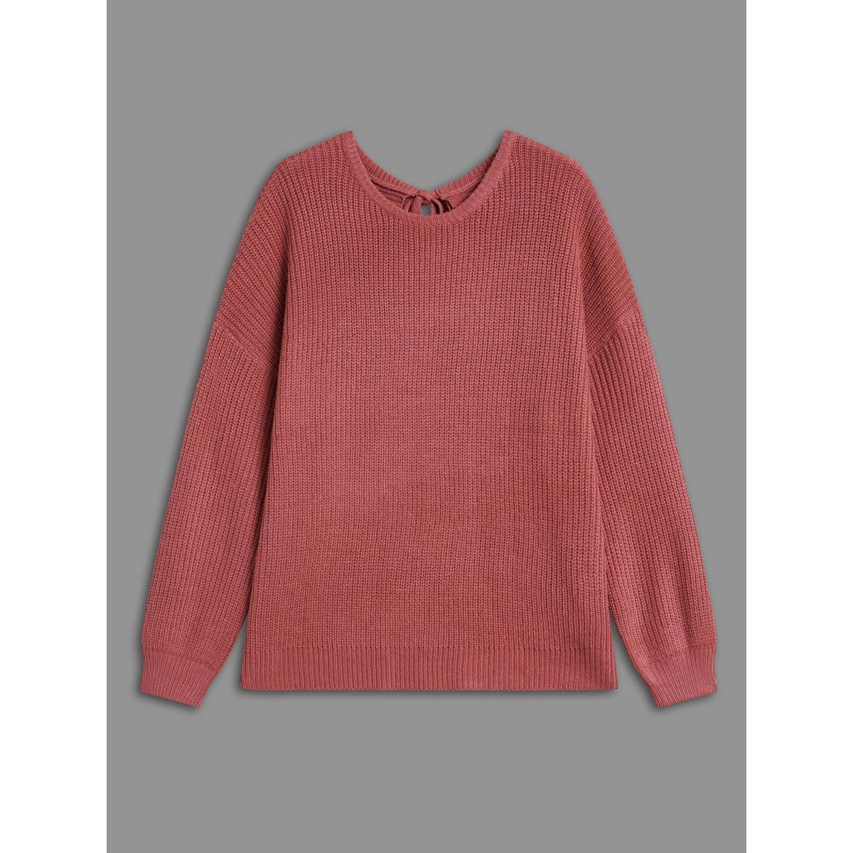 Plus Size Open Wrap Back Textured Tied Pullover Rust Women Casual Loose Long Sleeve Round Neck Everyday Pullovers BloomChic 10/M Product Image