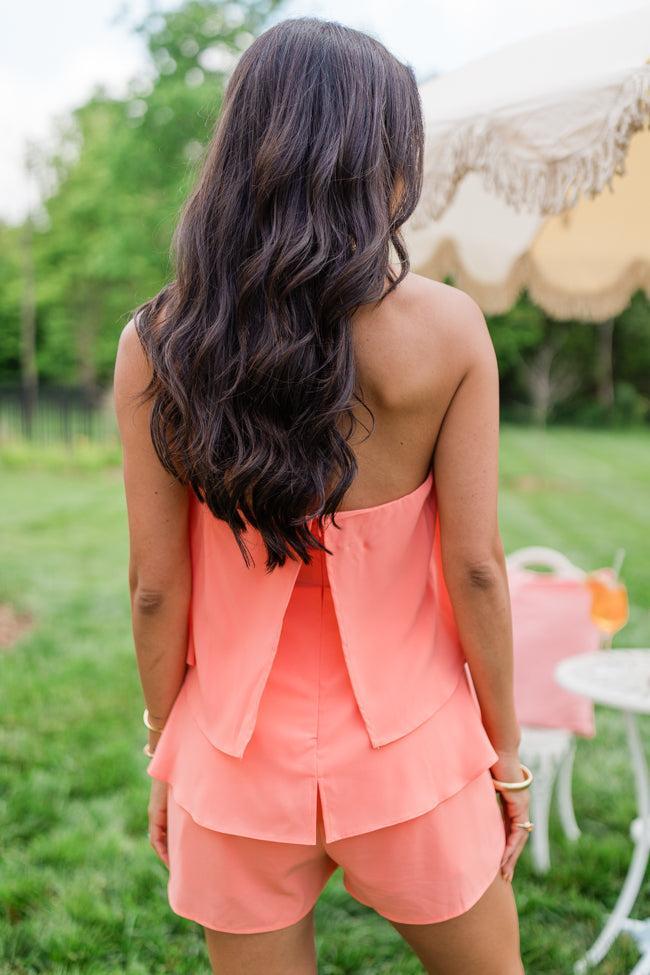 Sundown Serenity Orange Strapless Zip Up Romper SALE Product Image