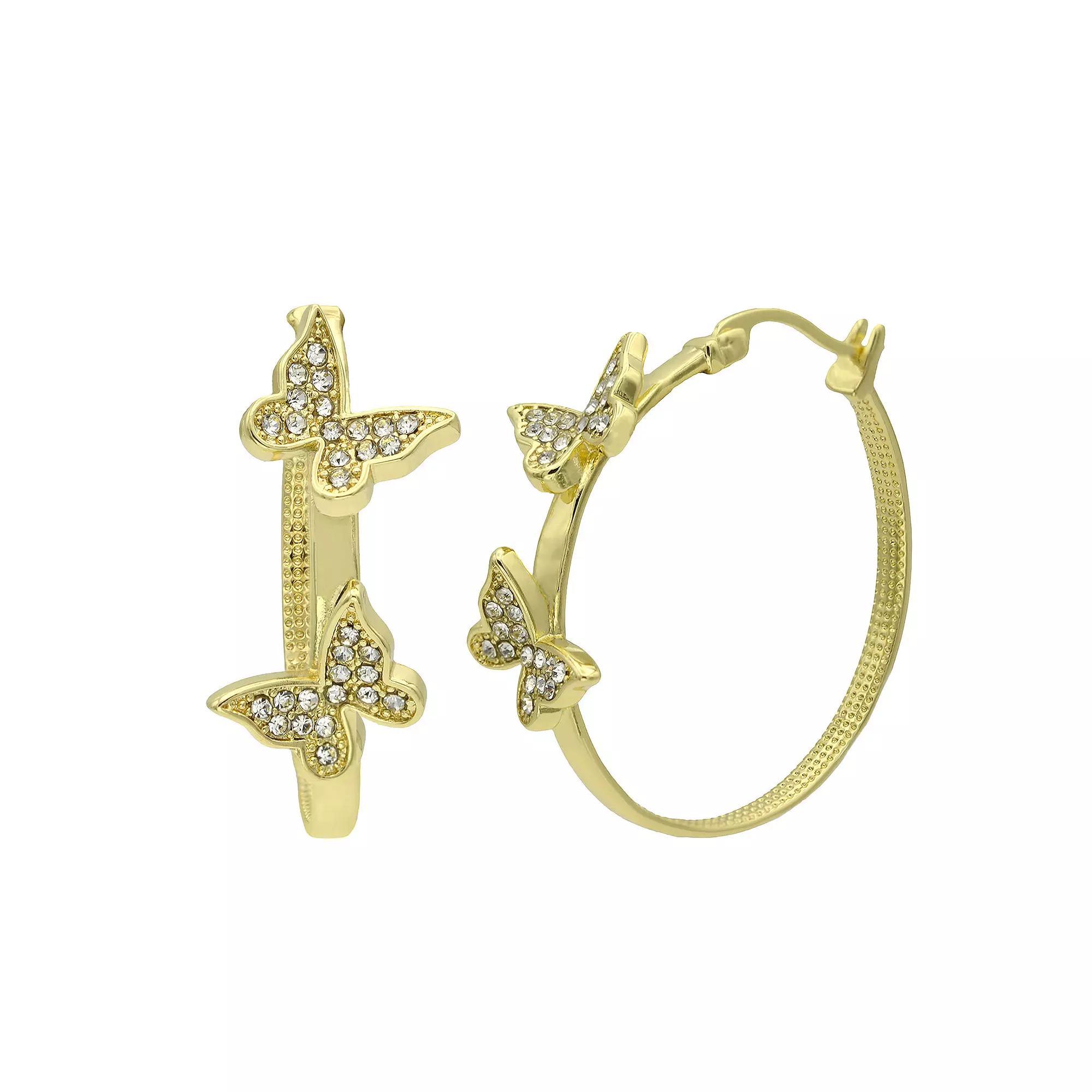 City Luxe Gold Tone Crystal Butterfly Hoop Earrings, Women's, Gold Tone Clear Product Image