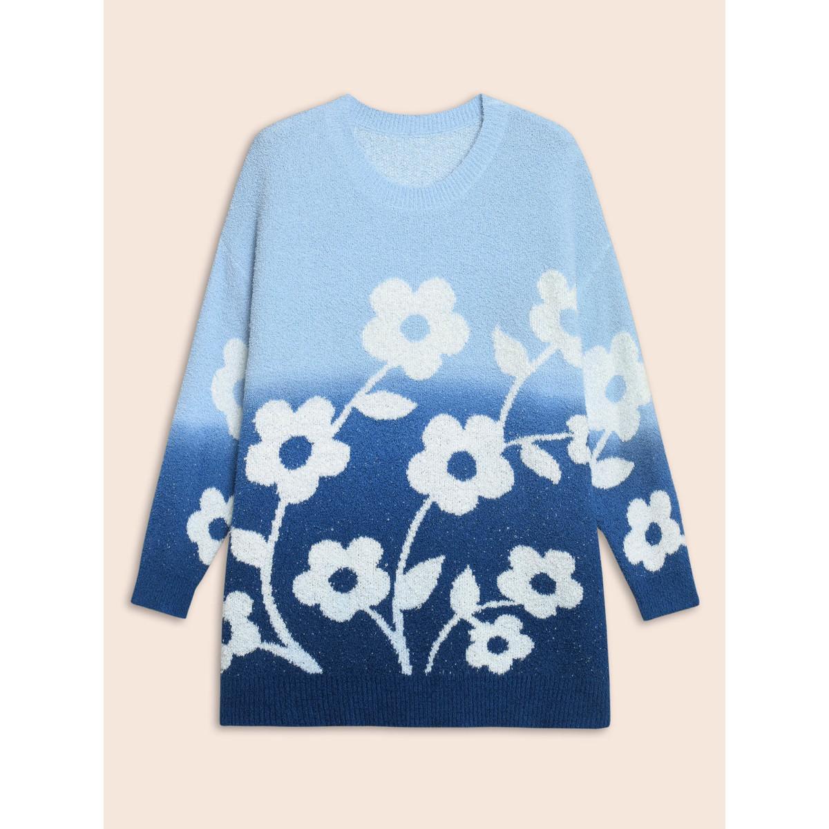 Plus Size Floral Jacquard Ombre Drop Shoulder Pullover Indigo Women Casual Long Sleeve Round Neck Everyday Pullovers BloomChic 10/M Product Image