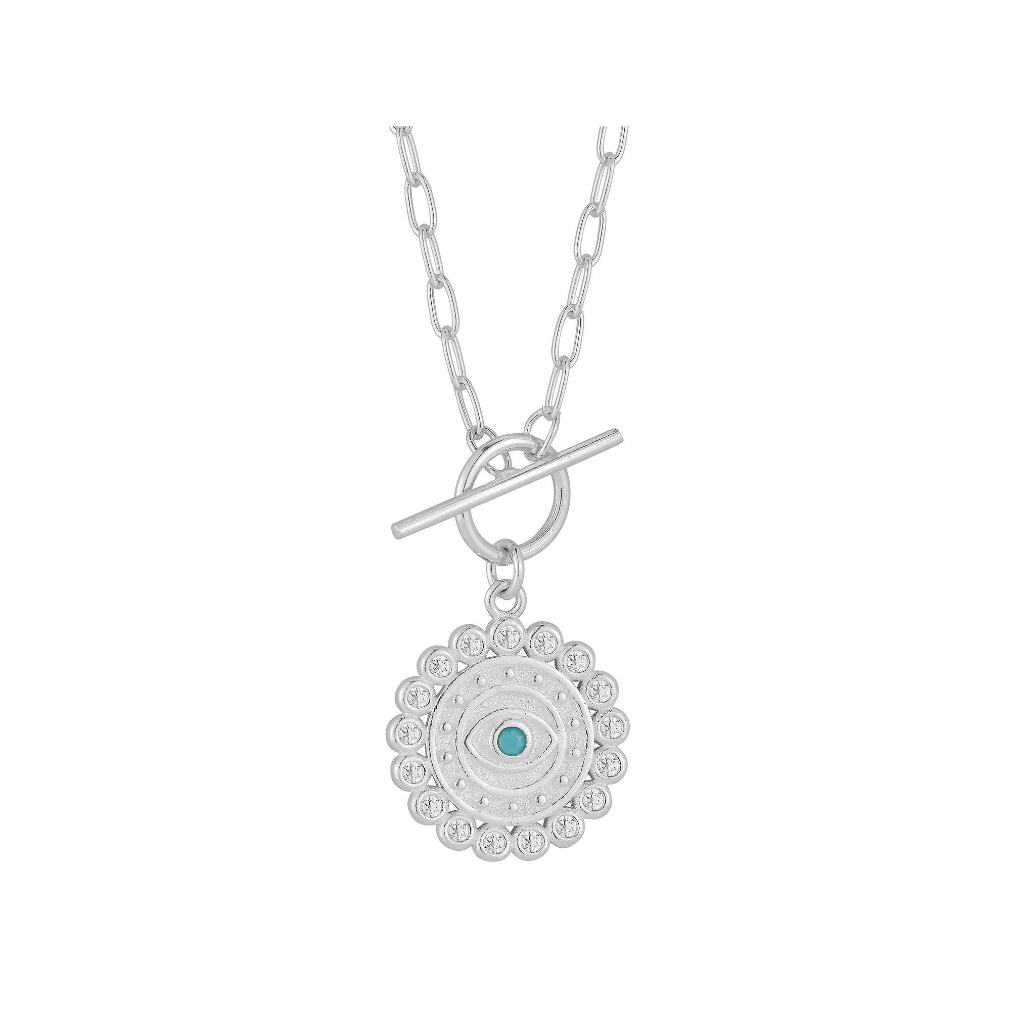 Sunkissed Sterling Cubic Zirconia & Turquoise Evil Eye Medallion Toggle Necklace, Womens, Gold Product Image