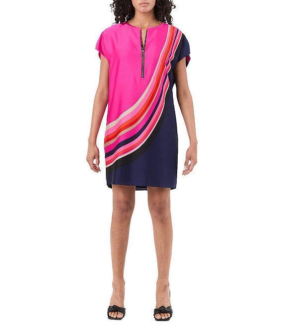 Trina Turk Hasil Geometric Print Zip Round Neck Short Sleeve Dress Product Image