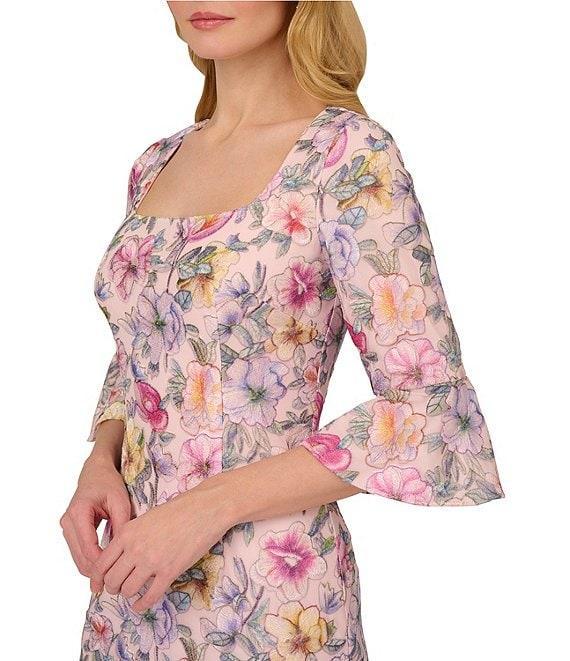 Adrianna Papell Square Neck Bell Sleeve Embroidered Floral Sheath Dress Product Image