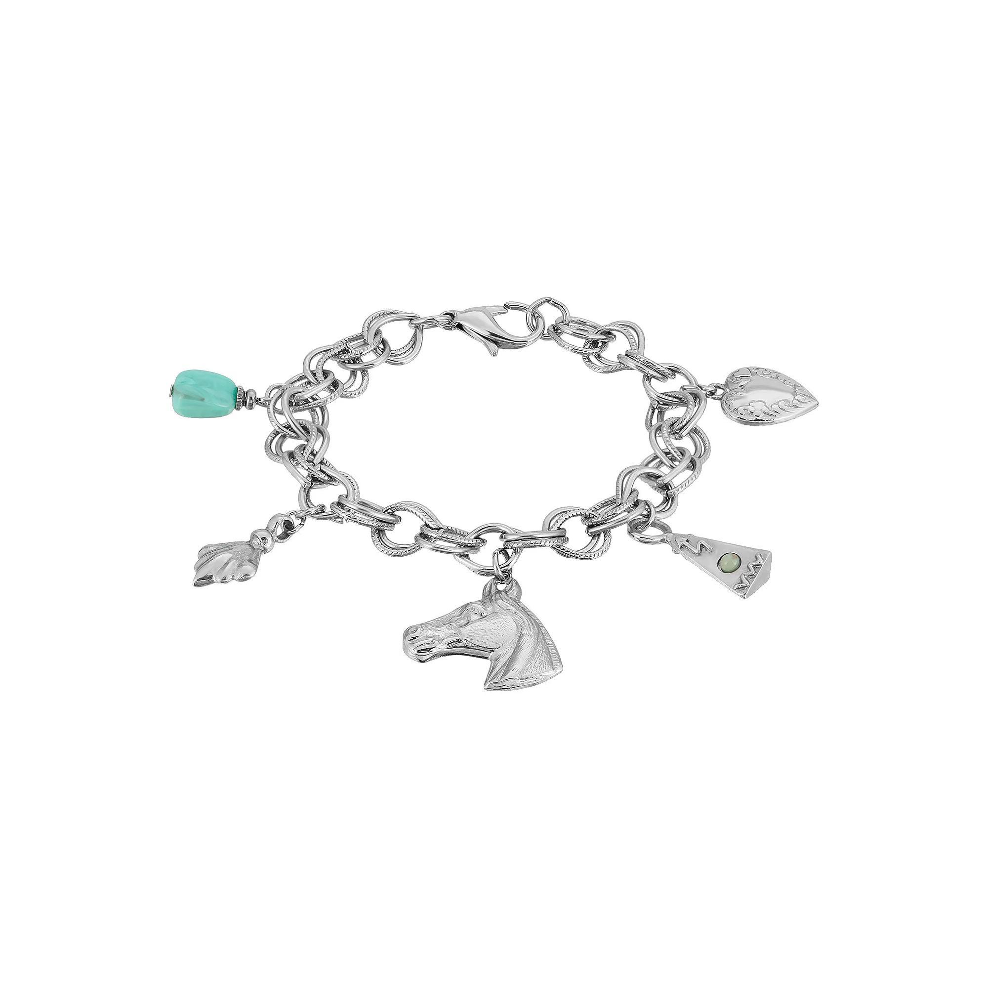 1928 Silver Tone Turquoise Color Accents & Multi-Charm Bracelet, Women's Product Image