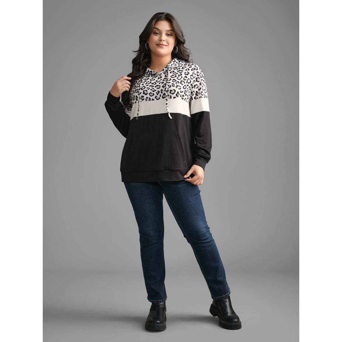 Plus Size Leopard Print Patchwork Contrast Drawstring Sweatshirt Women Black Casual Contrast Hooded Everyday Sweatshirts BloomChic 14-16/1X Product Image