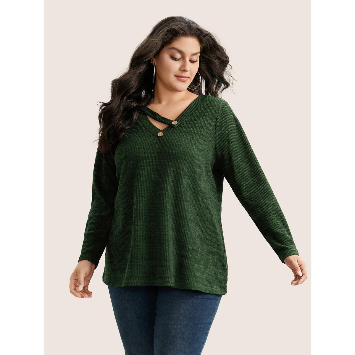 Plus Size Solid Rib Knit Button Detail T-shirt Red Women Casual Non Plain V-neck Everyday T-shirts BloomChic 22-24/3X Product Image