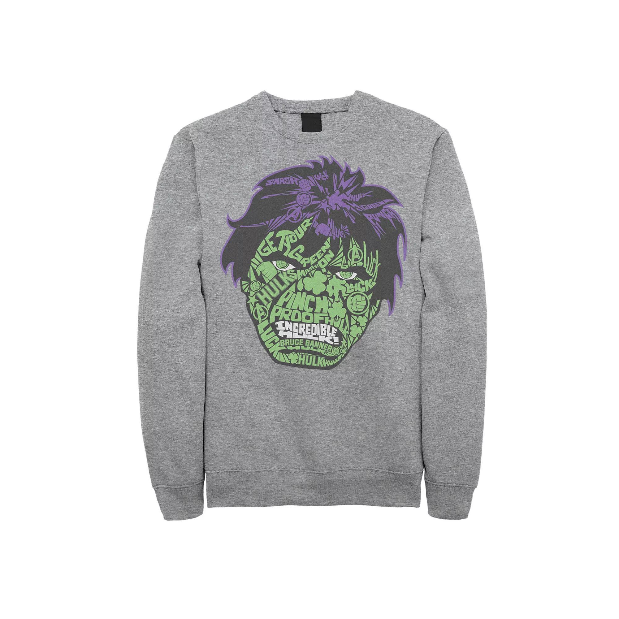 Men's Marvel Hulk St. Patty's Head Build Up Fill Sweatshirt, Size: Large, Athletic Grey Product Image
