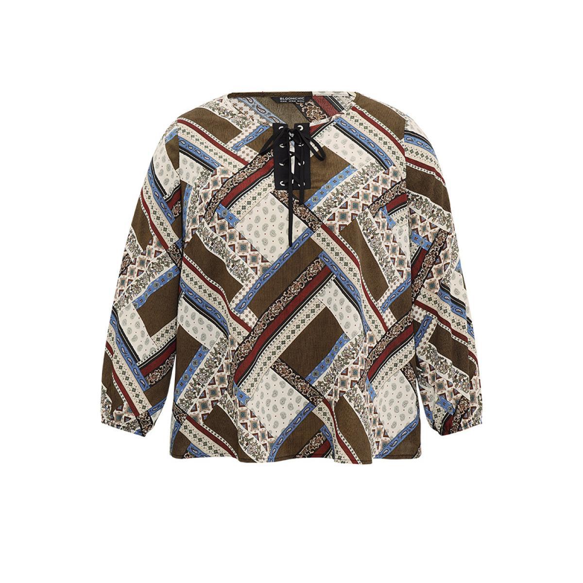 Plus Size Scarlet Moroccan Print Lace Up Lantern Sleeve Blouse Women Vacation Long Sleeve Tie Neck Vacation Blouses BloomChic 14-16/1X Product Image