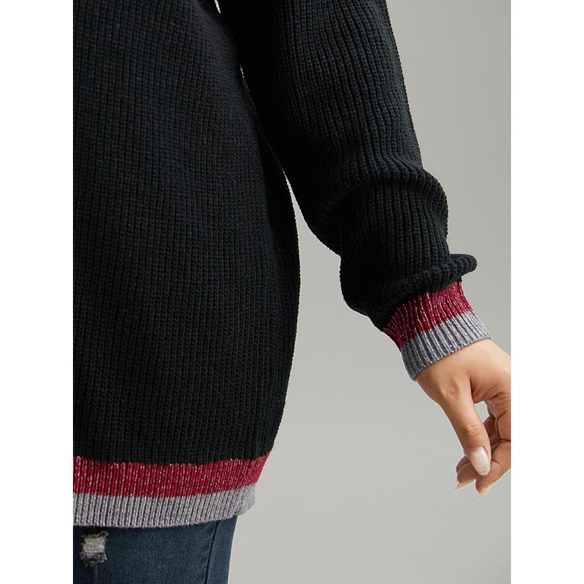 Plus Size Two Tone Trim V Neck Plisse Pullover Black Women Casual Loose Long Sleeve V-neck Dailywear Pullovers BloomChic 28/5X Product Image
