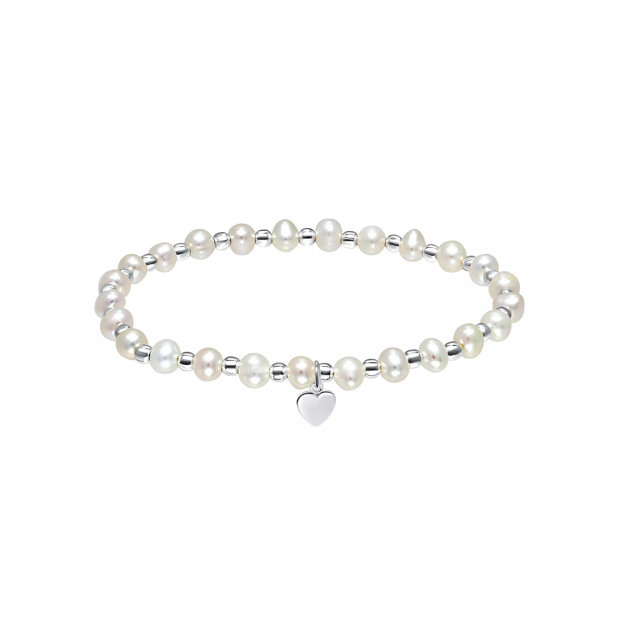 Aleure Precioso Sterling Silver Bead & Freshwater Cultured Pearl Heart Charm Stretch Bracelet, Women's, Size: 7.25", Silver Tone Product Image