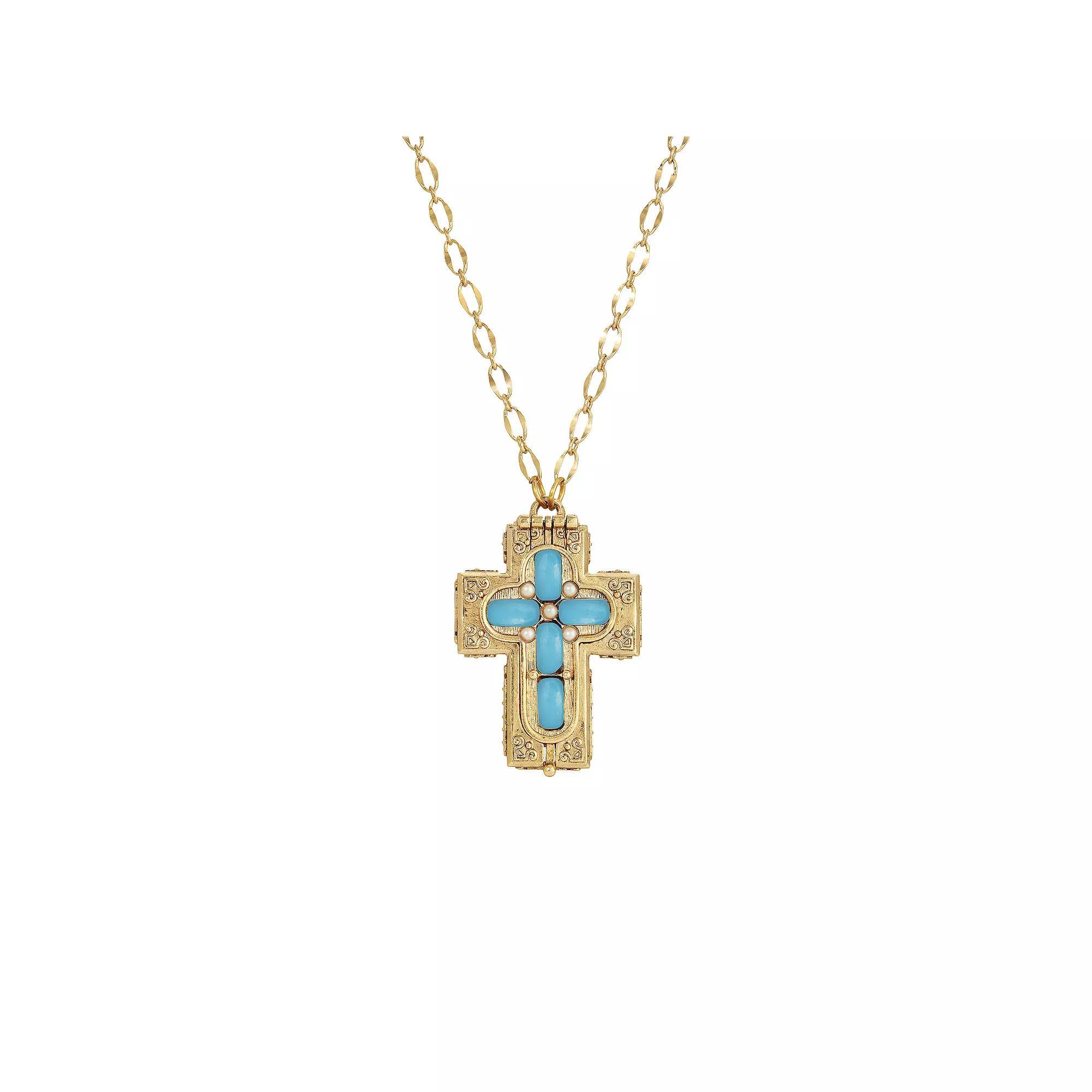 Symbols Of Faith Gold Tone Blue Moonstone Cross Locket Pendant Necklace, Womens, Green Product Image