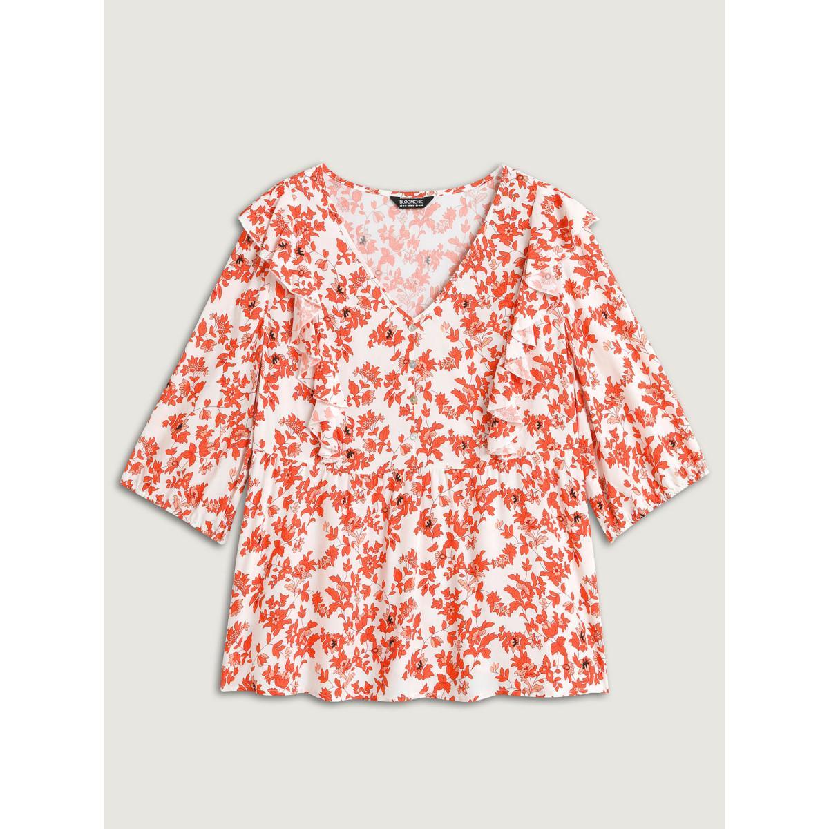 Plus Size Multicolor Sunkissed Florals Ruffled Trim Blouse Women Elbow-length sleeve V-neck Vacation Blouses BloomChic 18-20/2X Product Image