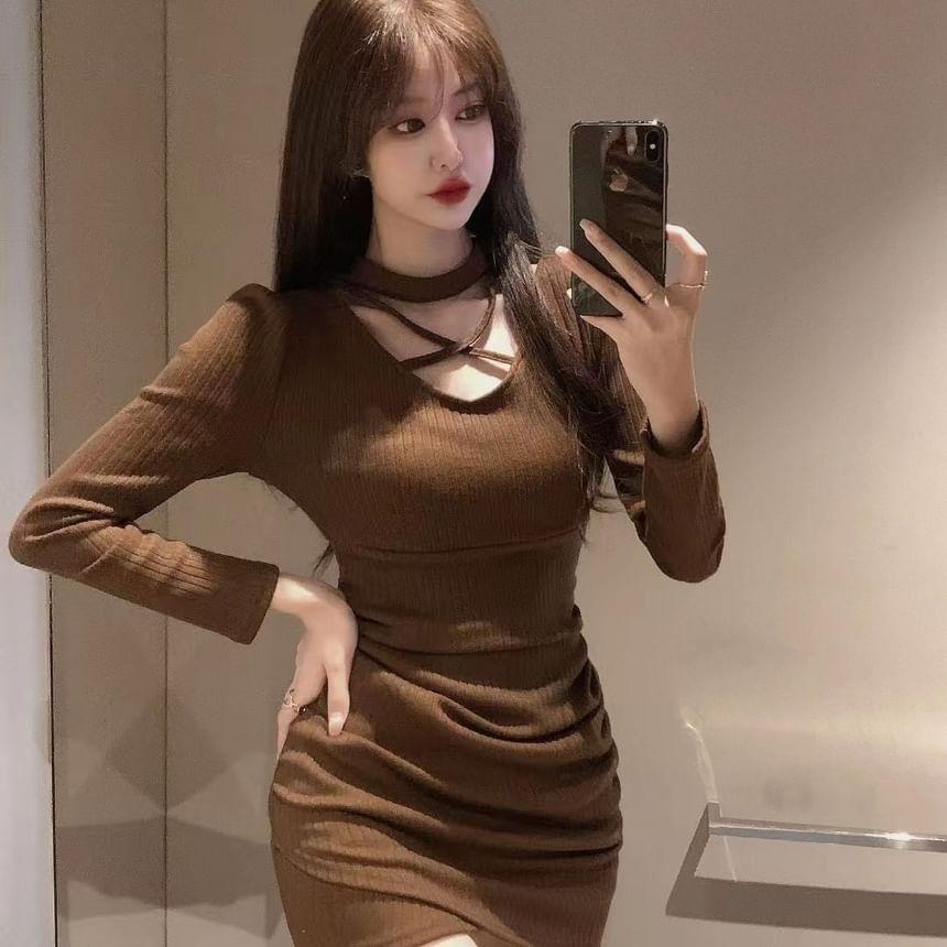 Long-Sleeve Mock Neck Plain Cutout Criss Cross Ruched Mini Sheath Dress Product Image