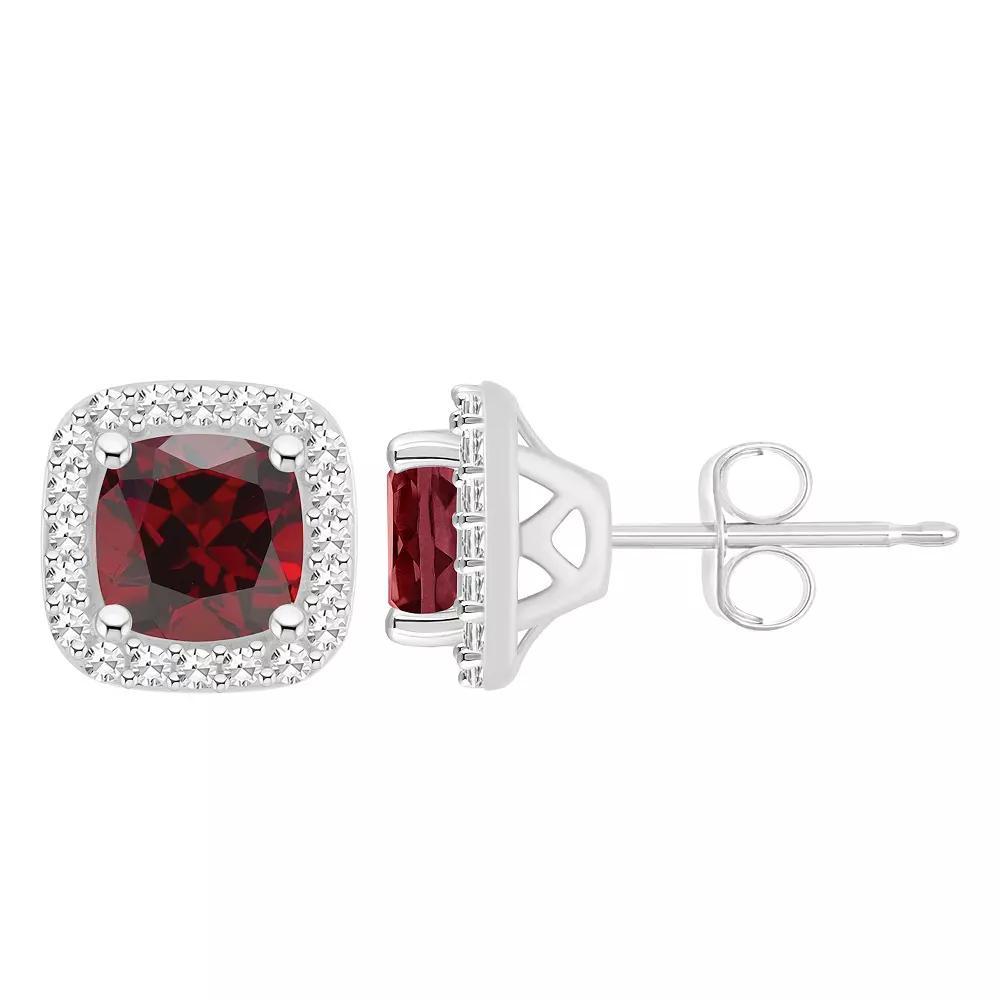 Celebration Gems Sterling Silver 5 mm Cushion Gemstone & 1/5 Carat T.W. Diamond Halo Stud Earrings, Women's, Red Product Image