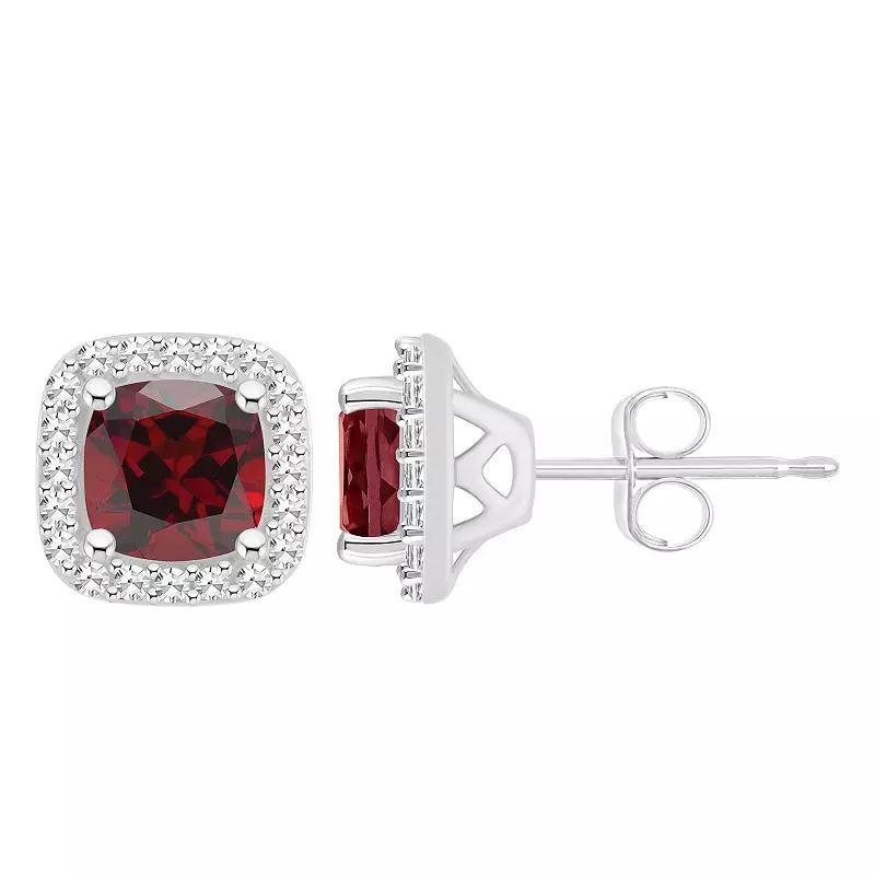 Celebration Gems Sterling Silver 5 mm Cushion Gemstone & 1/5 Carat T.W. Diamond Halo Stud Earrings, Women's, Red Product Image